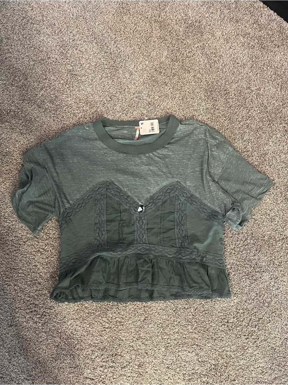 Free People Sage Green Lace-Trim Ruffle Tee